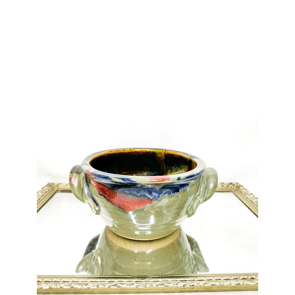 VintageHandmade Studio Pottery Bowl Double Handle Artist Signed